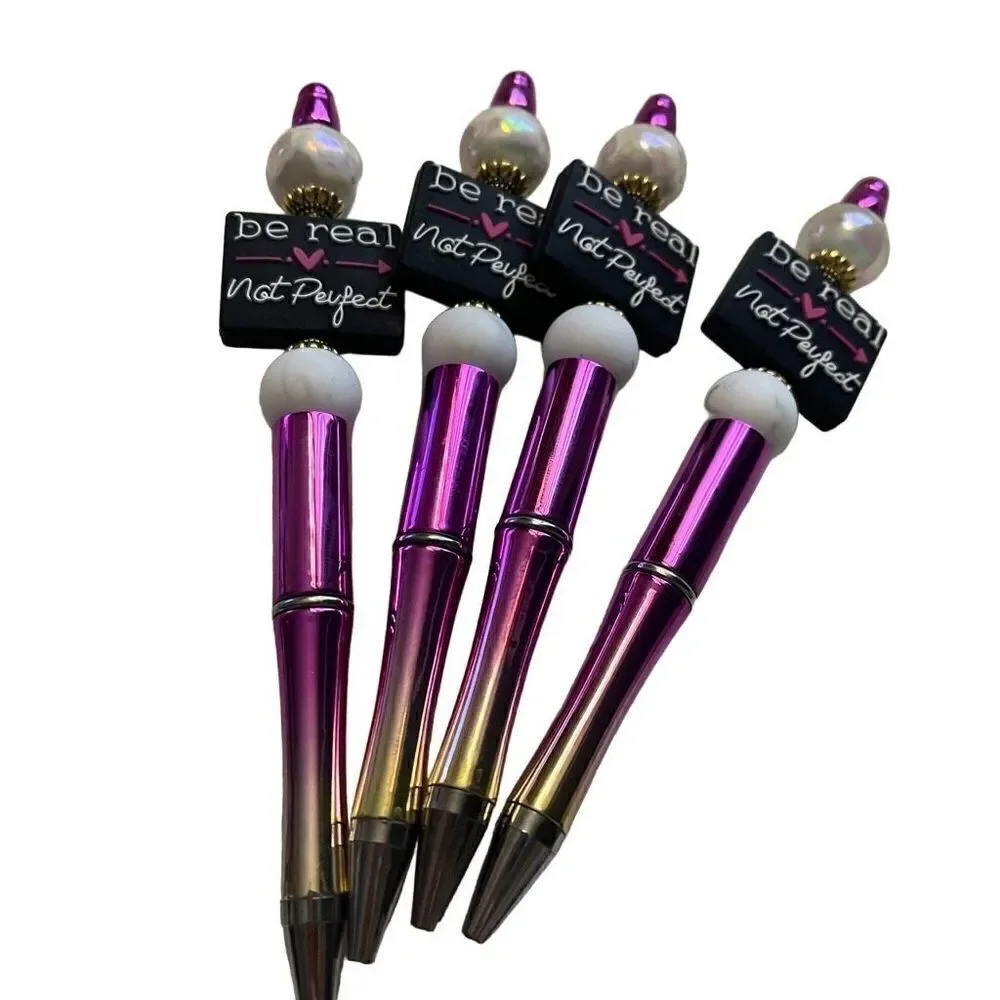 Be real, not perfect beaded pen handmade black pink white metallic bling NEW